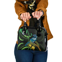 New Zealand Tui Bird Shoulder Handbag Aotearoa Maori With Kowhai Flowers LT14 One Size Black - Polynesian Pride