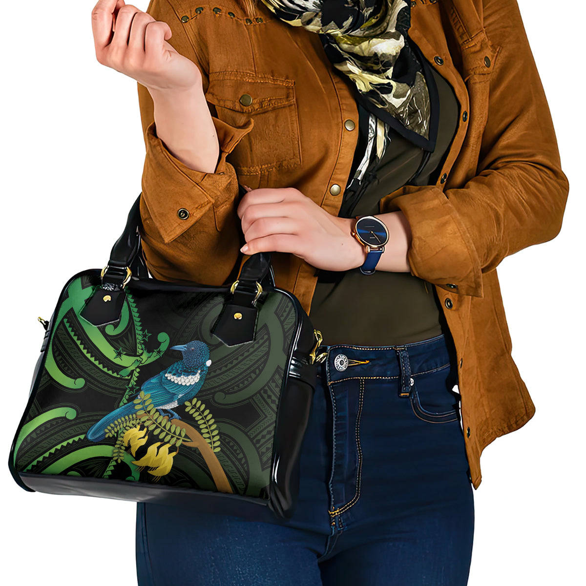 New Zealand Tui Bird Shoulder Handbag Aotearoa Maori With Kowhai Flowers LT14 - Polynesian Pride