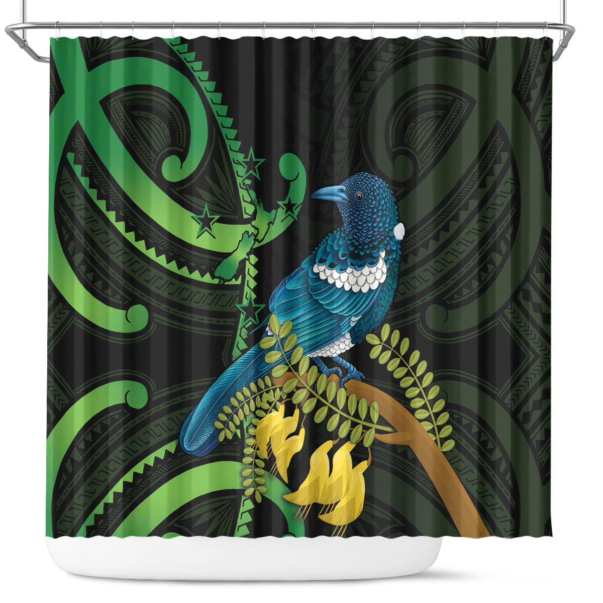 New Zealand Tui Bird Shower Curtain Aotearoa Maori With Kowhai Flowers LT14 Black - Polynesian Pride