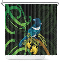 New Zealand Tui Bird Shower Curtain Aotearoa Maori With Kowhai Flowers LT14 Black - Polynesian Pride
