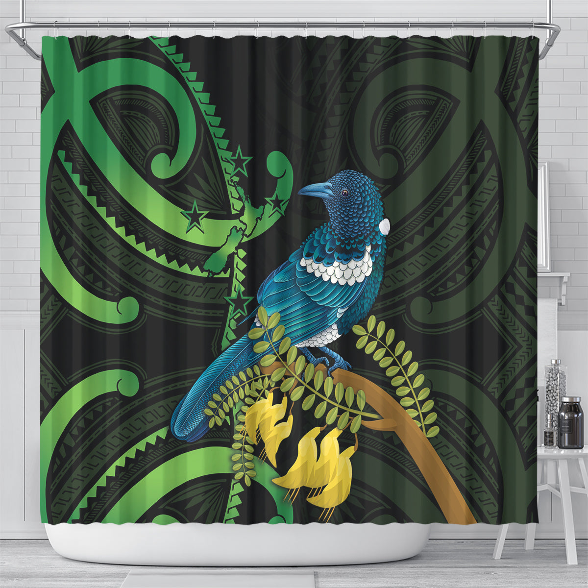 New Zealand Tui Bird Shower Curtain Aotearoa Maori With Kowhai Flowers LT14 - Polynesian Pride