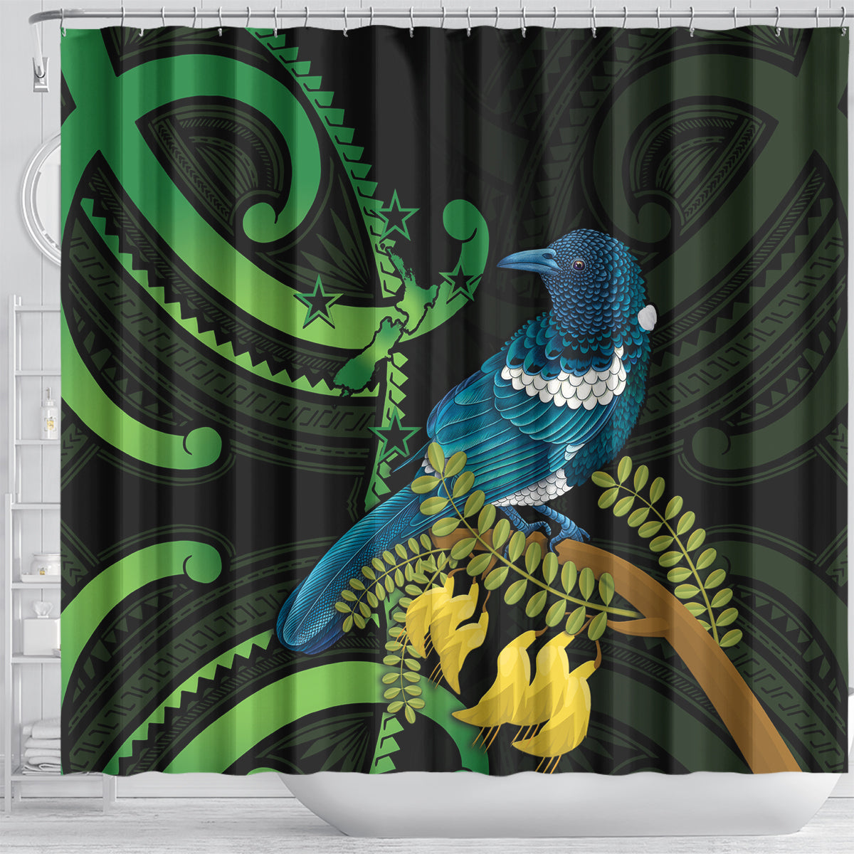 New Zealand Tui Bird Shower Curtain Aotearoa Maori With Kowhai Flowers LT14 - Polynesian Pride