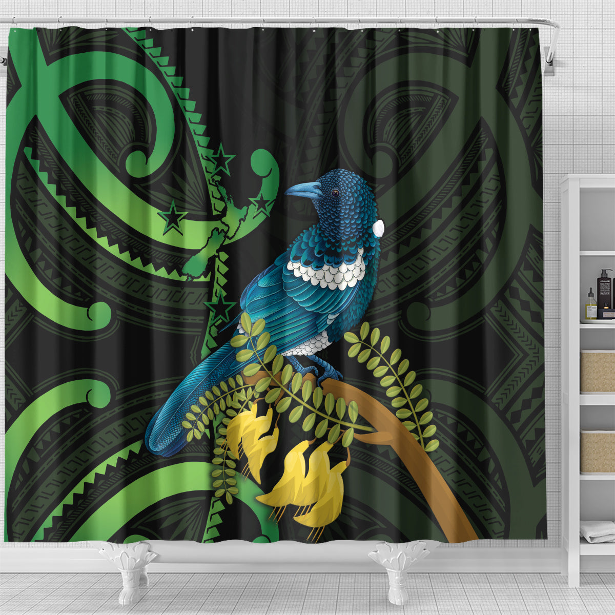 New Zealand Tui Bird Shower Curtain Aotearoa Maori With Kowhai Flowers LT14 - Polynesian Pride