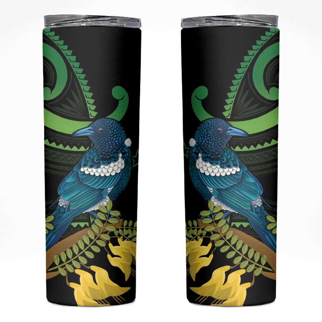New Zealand Tui Bird Skinny Tumbler Aotearoa Maori With Kowhai Flowers LT14 Black - Polynesian Pride