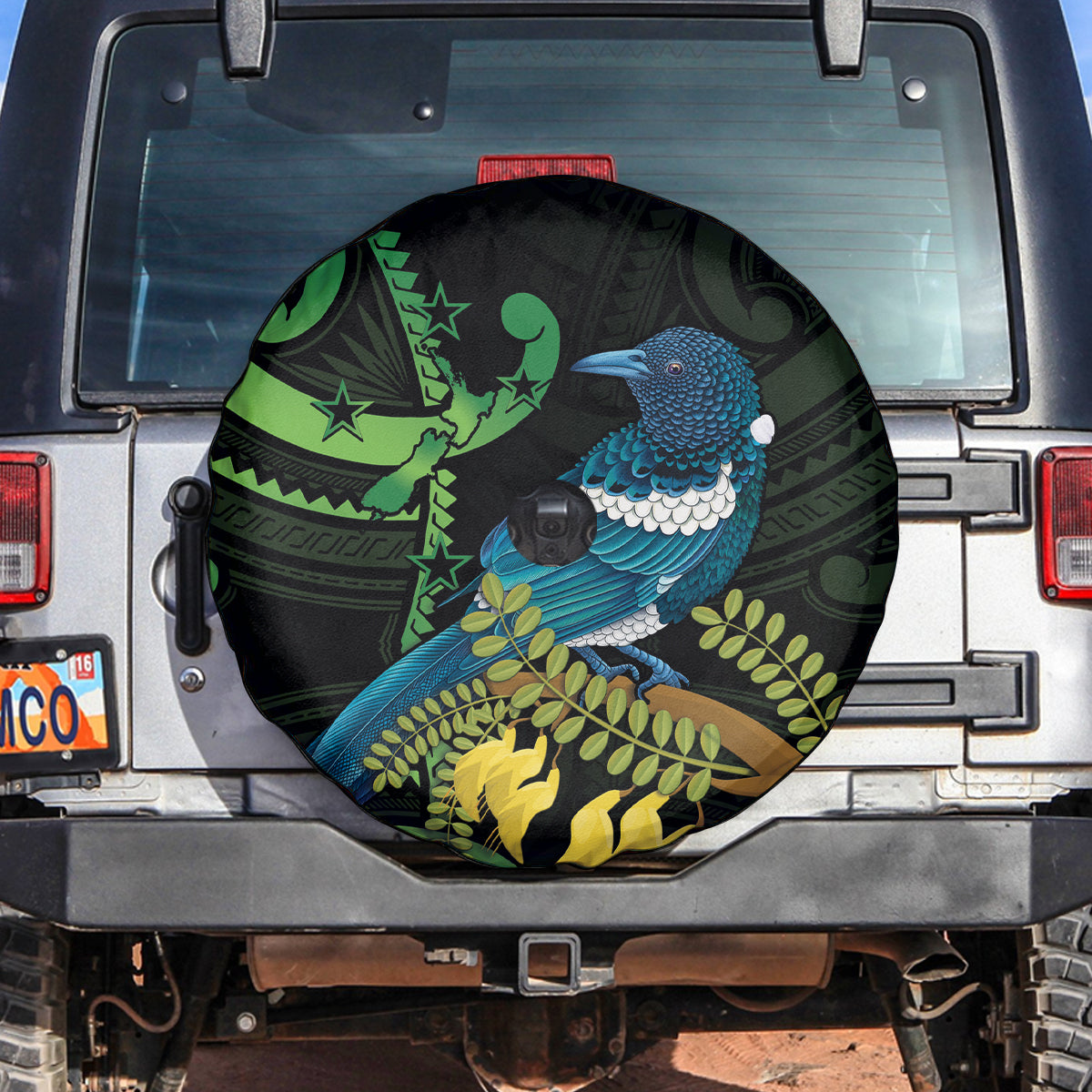 New Zealand Tui Bird Spare Tire Cover Aotearoa Maori With Kowhai Flowers LT14 Black - Polynesian Pride
