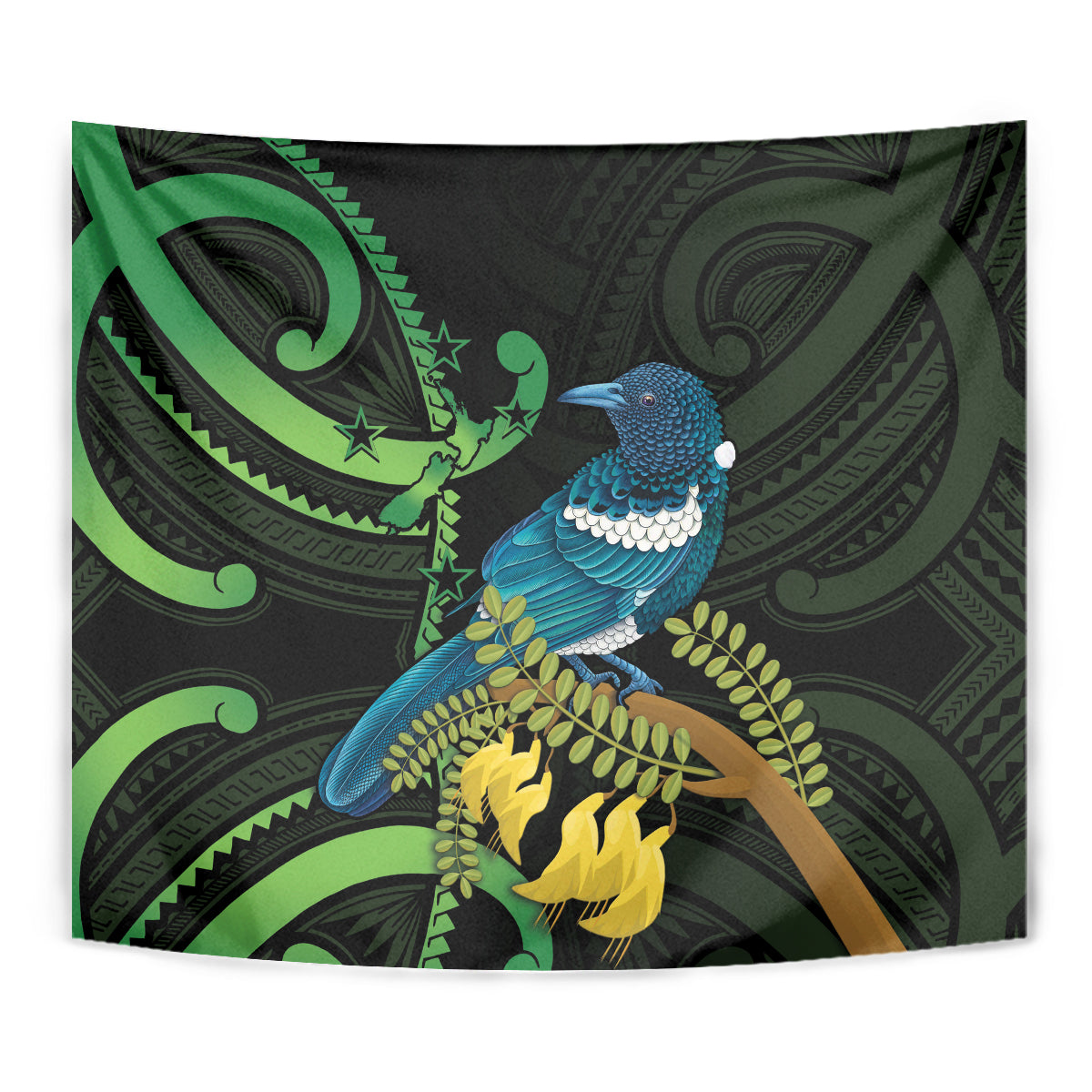 New Zealand Tui Bird Tapestry Aotearoa Maori With Kowhai Flowers LT14 - Polynesian Pride