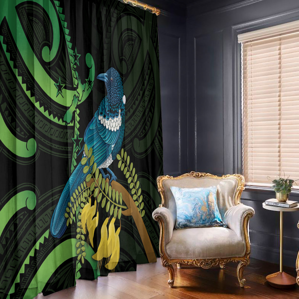 New Zealand Tui Bird Window Curtain Aotearoa Maori With Kowhai Flowers LT14 - Polynesian Pride