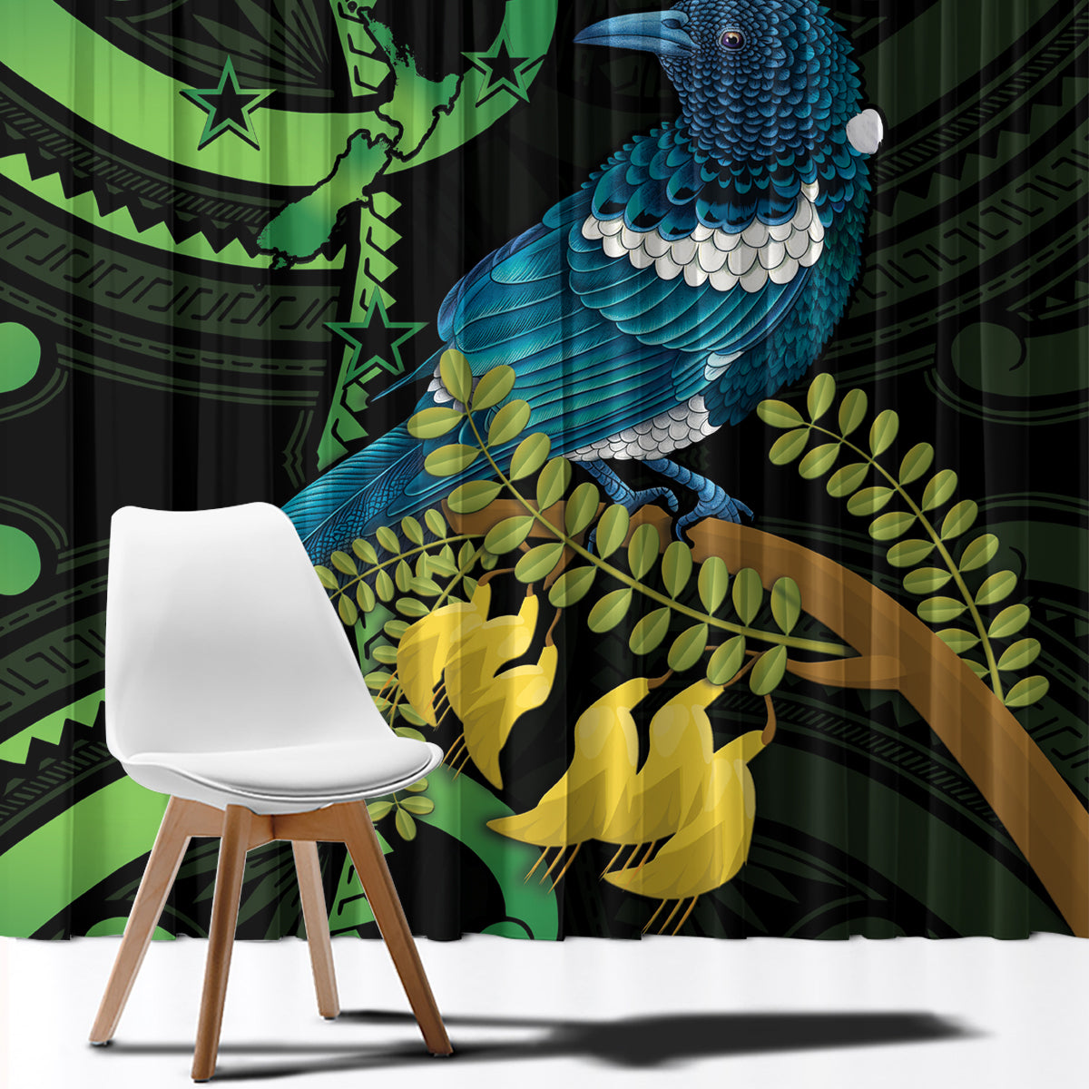 New Zealand Tui Bird Window Curtain Aotearoa Maori With Kowhai Flowers LT14 - Polynesian Pride
