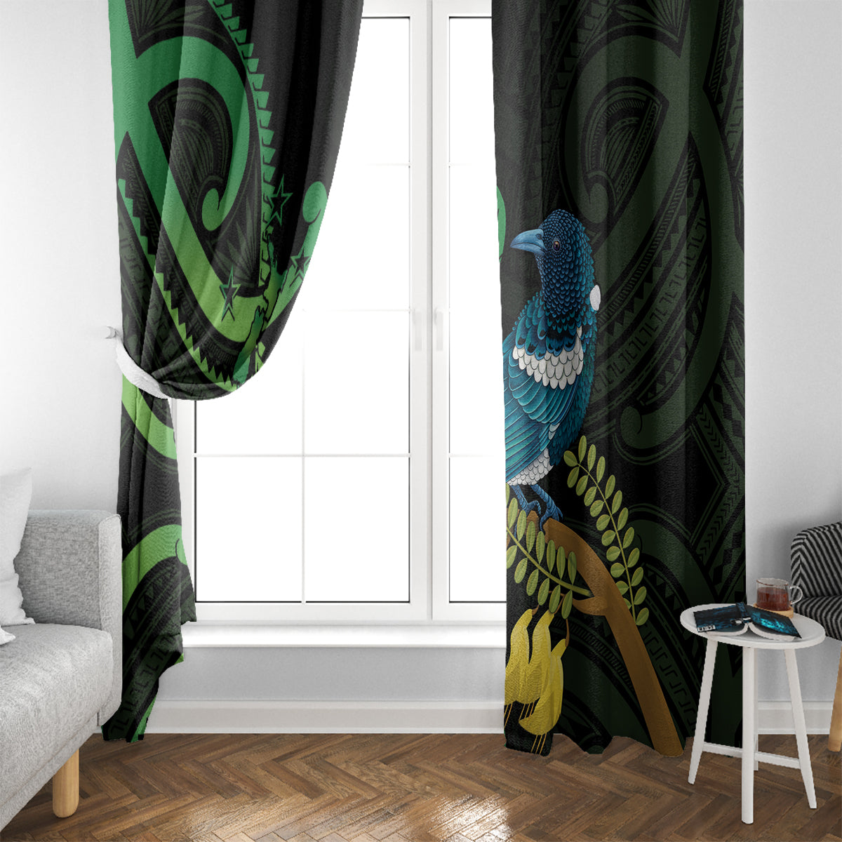 New Zealand Tui Bird Window Curtain Aotearoa Maori With Kowhai Flowers LT14 - Polynesian Pride