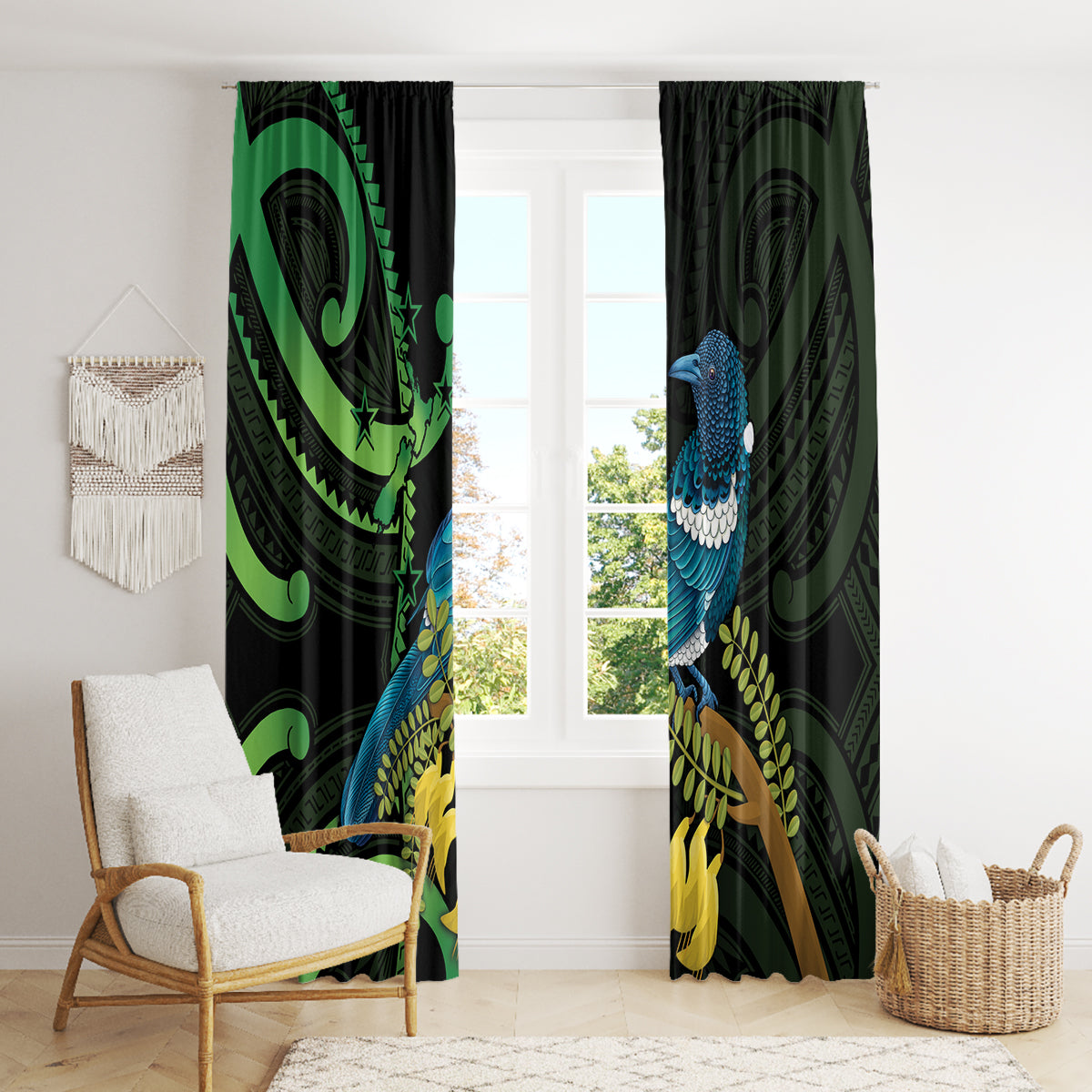 New Zealand Tui Bird Window Curtain Aotearoa Maori With Kowhai Flowers LT14 - Polynesian Pride