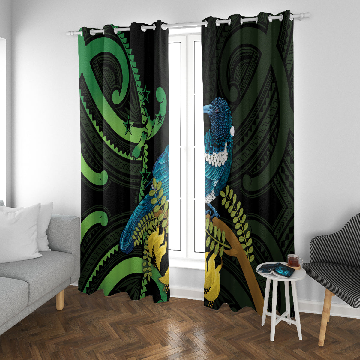 New Zealand Tui Bird Window Curtain Aotearoa Maori With Kowhai Flowers LT14 With Grommets Black - Polynesian Pride