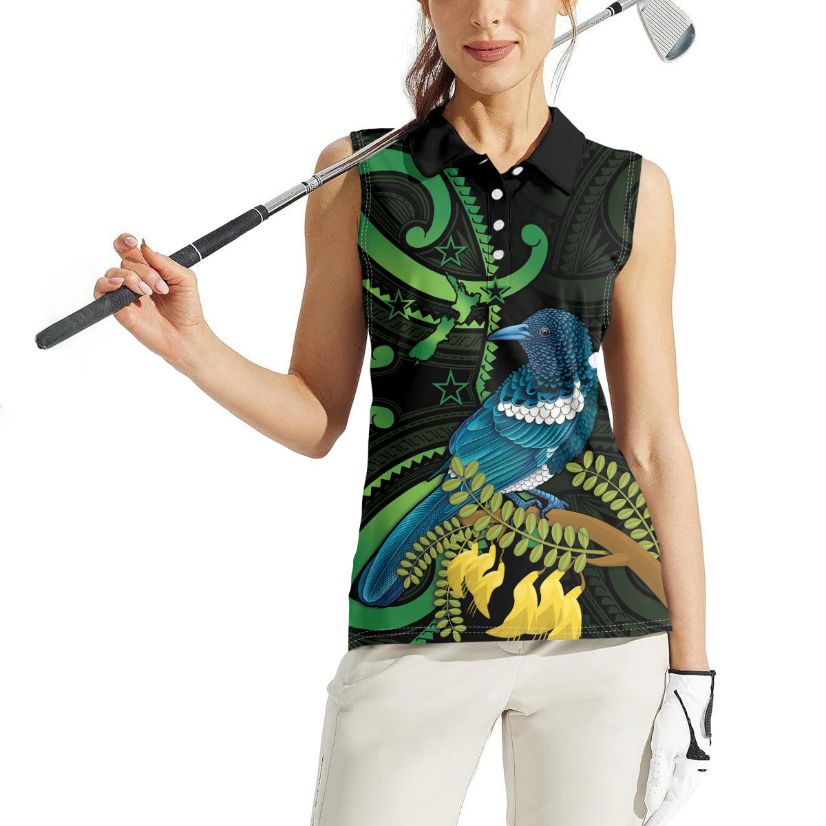 New Zealand Tui Bird Women Sleeveless Polo Shirt Aotearoa Maori With Kowhai Flowers LT14 - Polynesian Pride