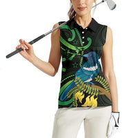 New Zealand Tui Bird Women Sleeveless Polo Shirt Aotearoa Maori With Kowhai Flowers LT14 - Polynesian Pride