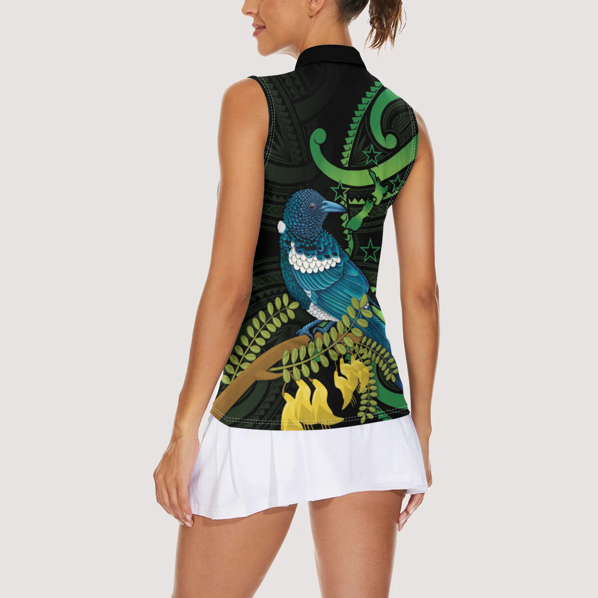 New Zealand Tui Bird Women Sleeveless Polo Shirt Aotearoa Maori With Kowhai Flowers LT14 - Polynesian Pride