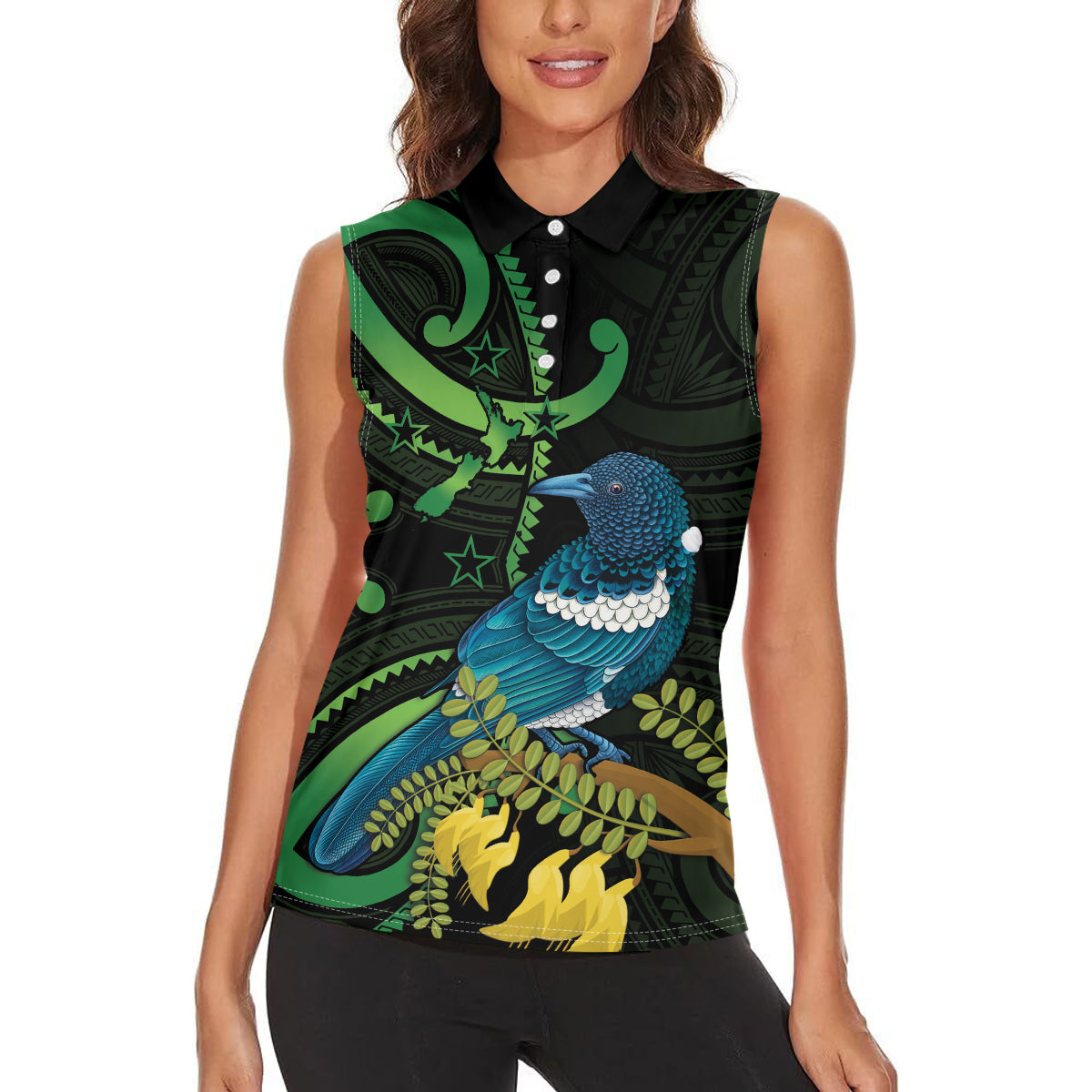 New Zealand Tui Bird Women Sleeveless Polo Shirt Aotearoa Maori With Kowhai Flowers LT14 - Polynesian Pride