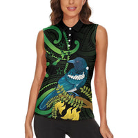 New Zealand Tui Bird Women Sleeveless Polo Shirt Aotearoa Maori With Kowhai Flowers LT14 - Polynesian Pride