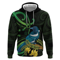 New Zealand Tui Bird Zip Hoodie Aotearoa Maori With Kowhai Flowers LT14 Pullover Hoodie Black - Polynesian Pride