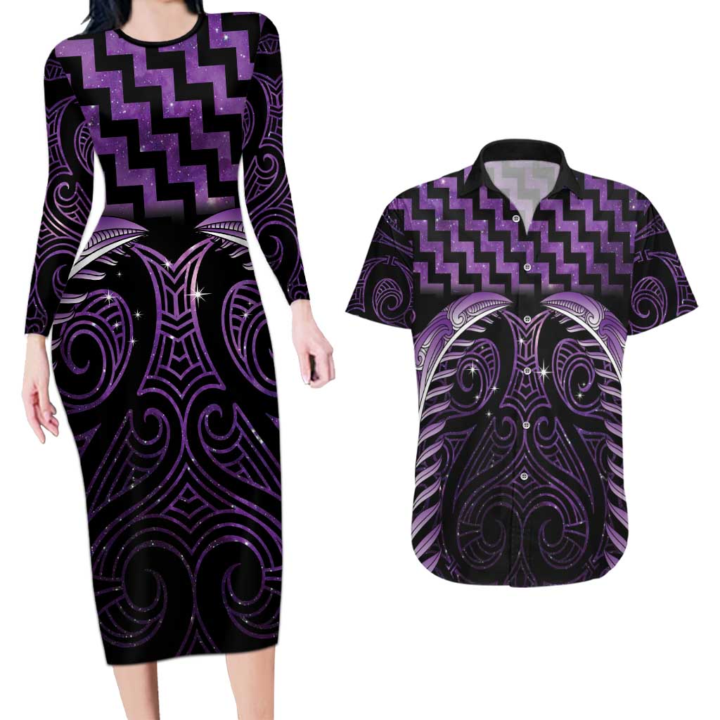 Purple Matariki New Zealand Couples Matching Long Sleeve Bodycon Dress and Hawaiian Shirt Maori Poutama Galaxy Vibes LT14 Purple - Polynesian Pride