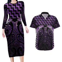 Purple Matariki New Zealand Couples Matching Long Sleeve Bodycon Dress and Hawaiian Shirt Maori Poutama Galaxy Vibes LT14 Purple - Polynesian Pride