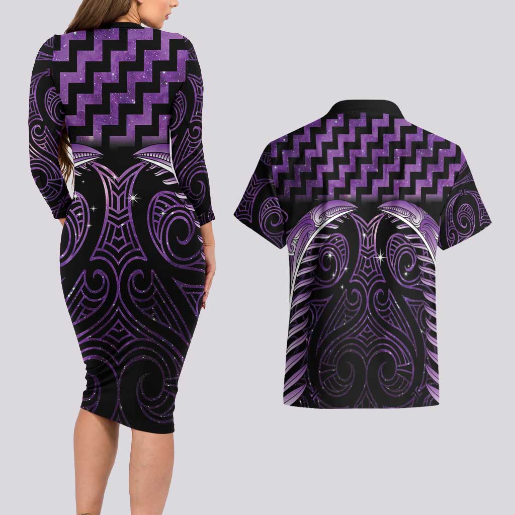 Purple Matariki New Zealand Couples Matching Long Sleeve Bodycon Dress and Hawaiian Shirt Maori Poutama Galaxy Vibes LT14 - Polynesian Pride