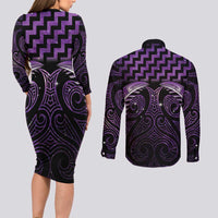 Purple Matariki New Zealand Couples Matching Long Sleeve Bodycon Dress and Long Sleeve Button Shirt Maori Poutama Galaxy Vibes LT14 - Polynesian Pride