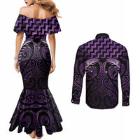 Purple Matariki New Zealand Couples Matching Mermaid Dress and Long Sleeve Button Shirt Maori Poutama Galaxy Vibes LT14 - Polynesian Pride