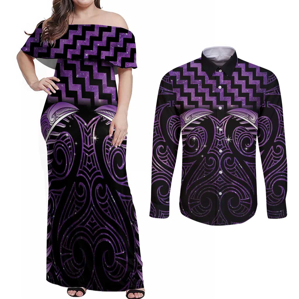 Purple Matariki New Zealand Couples Matching Off Shoulder Maxi Dress and Long Sleeve Button Shirt Maori Poutama Galaxy Vibes LT14 Purple - Polynesian Pride