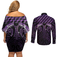 Purple Matariki New Zealand Couples Matching Off Shoulder Short Dress and Long Sleeve Button Shirt Maori Poutama Galaxy Vibes LT14 - Polynesian Pride