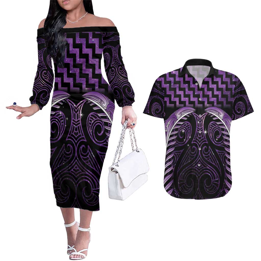 Purple Matariki New Zealand Couples Matching Off The Shoulder Long Sleeve Dress and Hawaiian Shirt Maori Poutama Galaxy Vibes LT14 Purple - Polynesian Pride