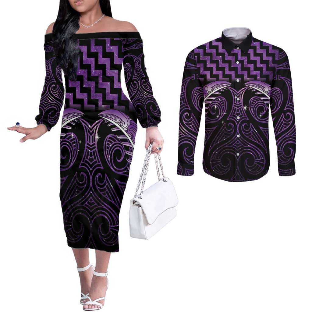 Purple Matariki New Zealand Couples Matching Off The Shoulder Long Sleeve Dress and Long Sleeve Button Shirt Maori Poutama Galaxy Vibes LT14 Purple - Polynesian Pride
