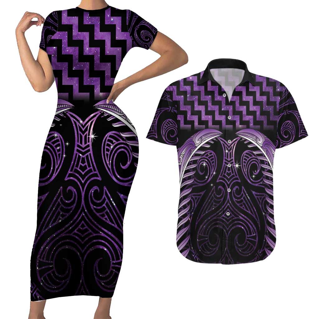 Purple Matariki New Zealand Couples Matching Short Sleeve Bodycon Dress and Hawaiian Shirt Maori Poutama Galaxy Vibes LT14 Purple - Polynesian Pride
