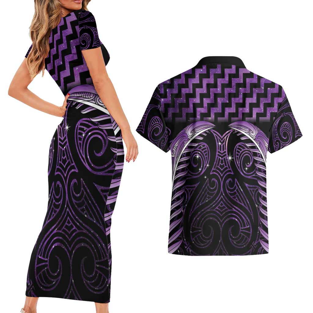 Purple Matariki New Zealand Couples Matching Short Sleeve Bodycon Dress and Hawaiian Shirt Maori Poutama Galaxy Vibes LT14 - Polynesian Pride