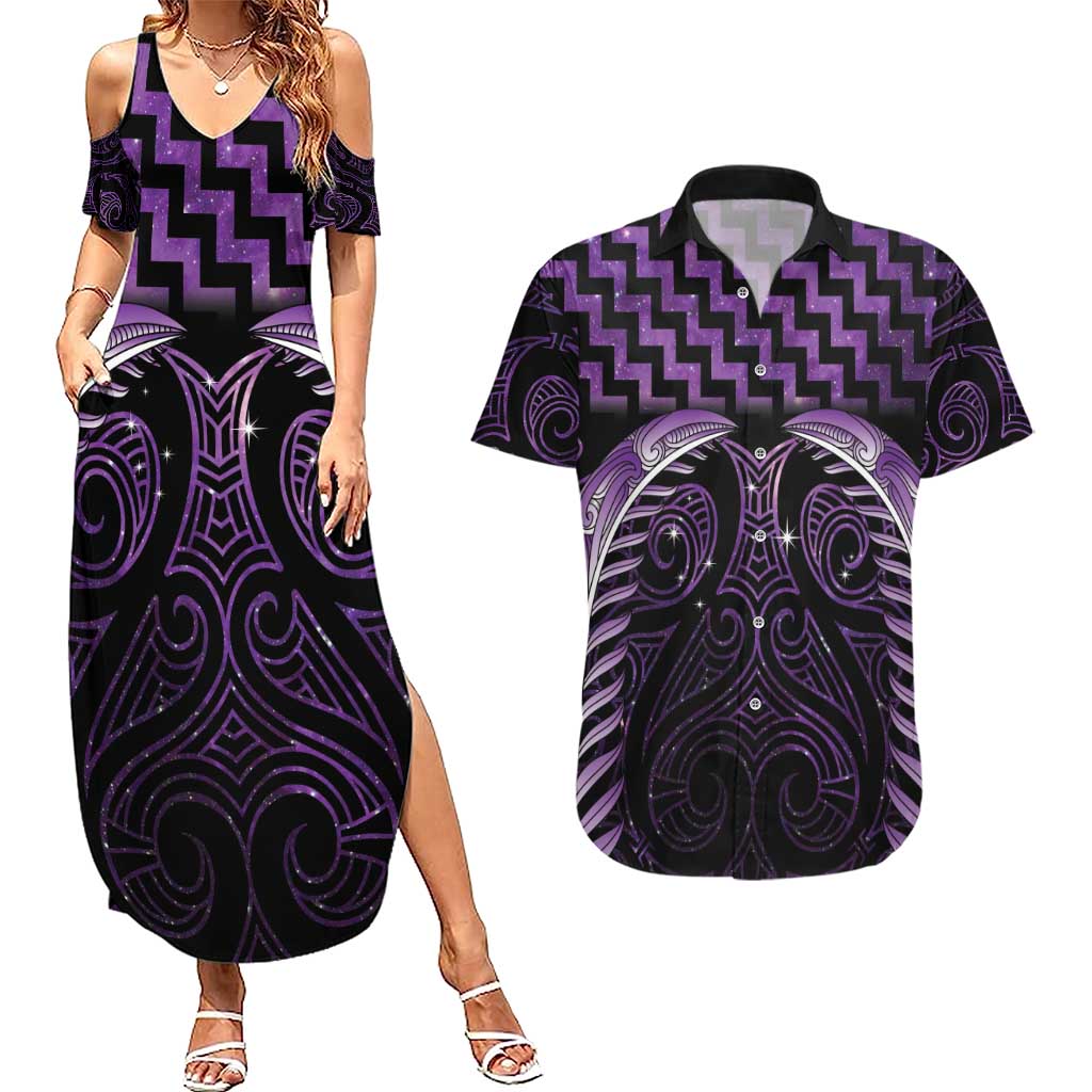 Purple Matariki New Zealand Couples Matching Summer Maxi Dress and Hawaiian Shirt Maori Poutama Galaxy Vibes LT14 Purple - Polynesian Pride