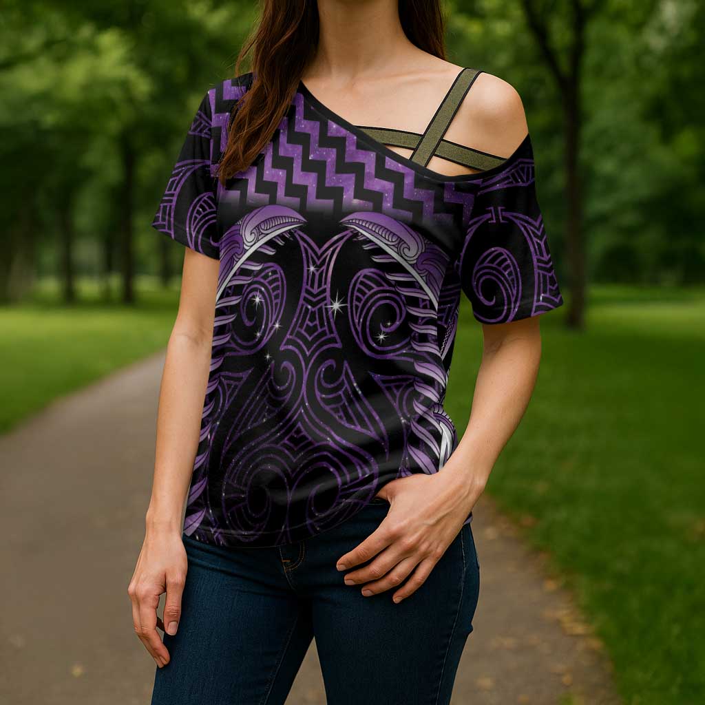 Purple Matariki New Zealand Cross Shoulder Shirt Maori Poutama Galaxy Vibes LT14 - Polynesian Pride