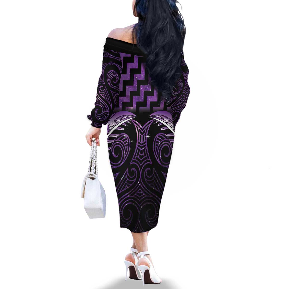 Purple Matariki New Zealand Family Matching Off The Shoulder Long Sleeve Dress and Hawaiian Shirt Maori Poutama Galaxy Vibes LT14 - Polynesian Pride