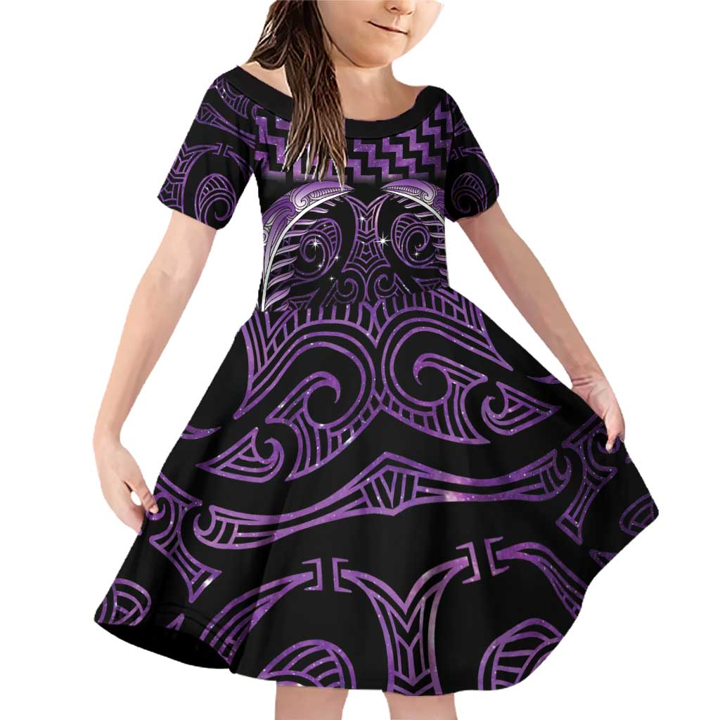 Purple Matariki New Zealand Family Matching Off Shoulder Short Dress and Hawaiian Shirt Maori Poutama Galaxy Vibes LT14 Daughter's Dress Purple - Polynesian Pride