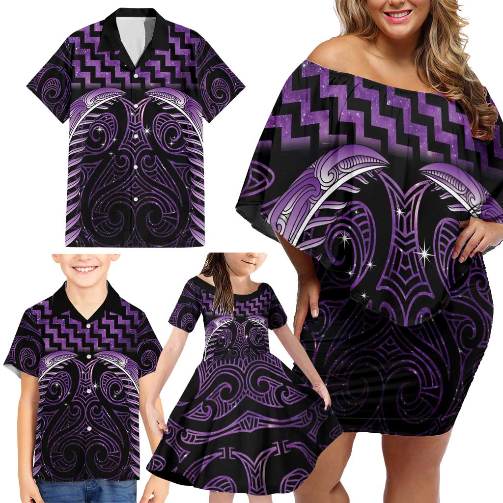 Purple Matariki New Zealand Family Matching Off Shoulder Short Dress and Hawaiian Shirt Maori Poutama Galaxy Vibes LT14 - Polynesian Pride