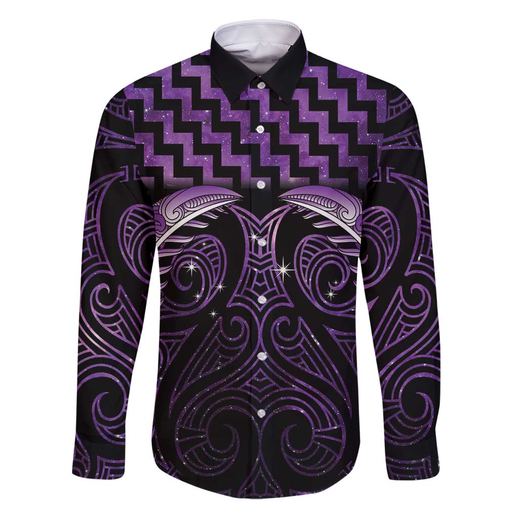 Purple Matariki New Zealand Family Matching Off Shoulder Short Dress and Hawaiian Shirt Maori Poutama Galaxy Vibes LT14 Dad's Shirt - Long Sleeve Purple - Polynesian Pride