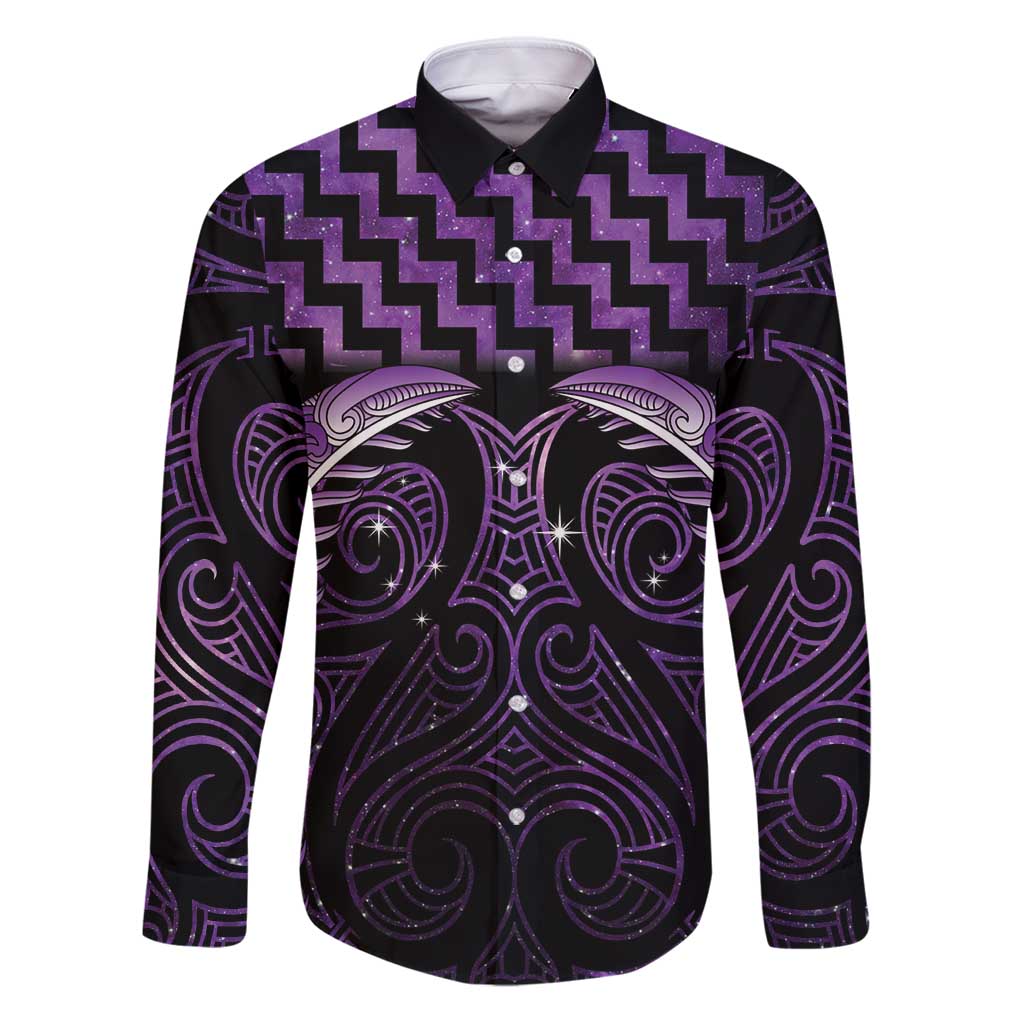 Purple Matariki New Zealand Family Matching Puletasi and Hawaiian Shirt Maori Poutama Galaxy Vibes LT14 Dad's Shirt - Long Sleeve Purple - Polynesian Pride