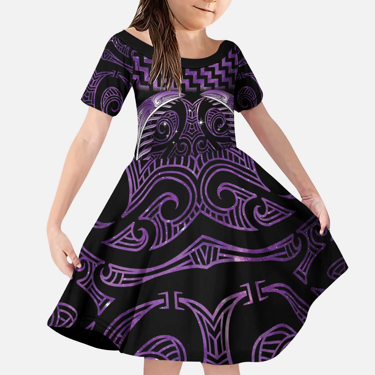 Purple Matariki New Zealand Kid Short Sleeve Dress Maori Poutama Galaxy Vibes LT14 KID Purple - Polynesian Pride