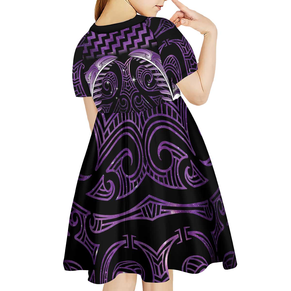 Purple Matariki New Zealand Kid Short Sleeve Dress Maori Poutama Galaxy Vibes LT14 - Polynesian Pride