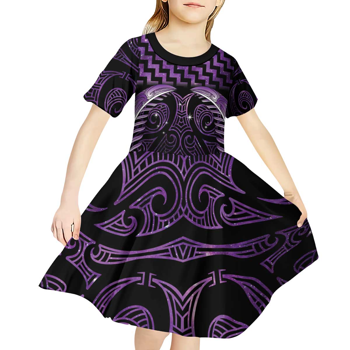 Purple Matariki New Zealand Kid Short Sleeve Dress Maori Poutama Galaxy Vibes LT14 - Polynesian Pride