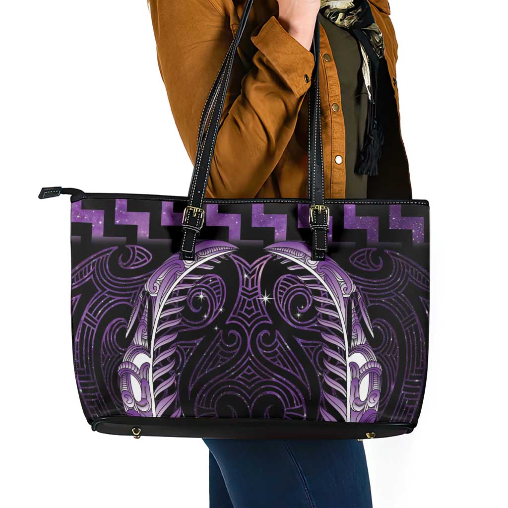 Purple Matariki New Zealand Leather Tote Bag Maori Poutama Galaxy Vibes LT14 - Polynesian Pride