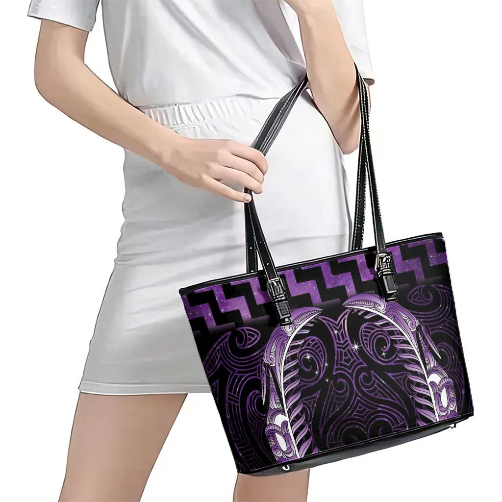 Purple Matariki New Zealand Leather Tote Bag Maori Poutama Galaxy Vibes LT14 - Polynesian Pride