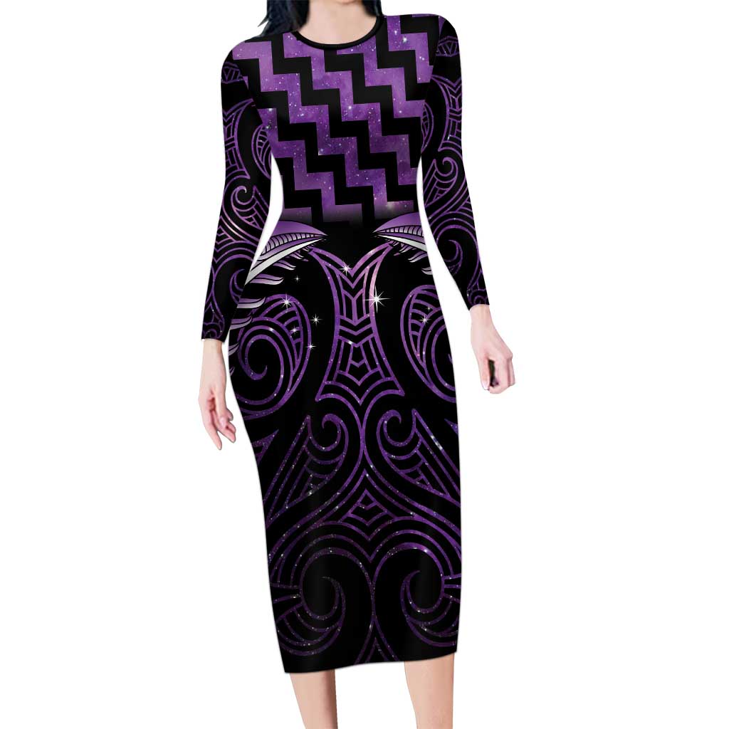 Purple Matariki New Zealand Long Sleeve Bodycon Dress Maori Poutama Galaxy Vibes LT14 Long Dress Purple - Polynesian Pride