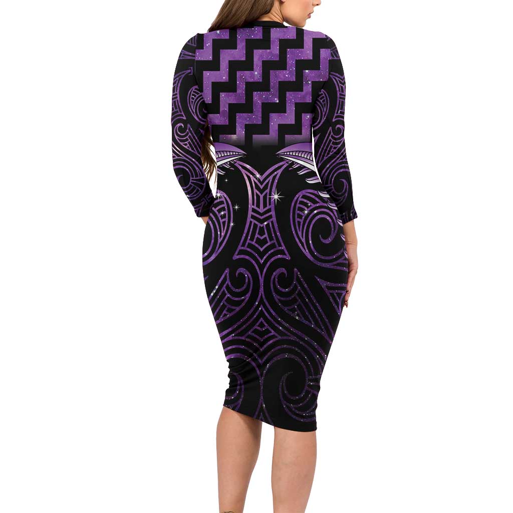 Purple Matariki New Zealand Long Sleeve Bodycon Dress Maori Poutama Galaxy Vibes LT14 - Polynesian Pride