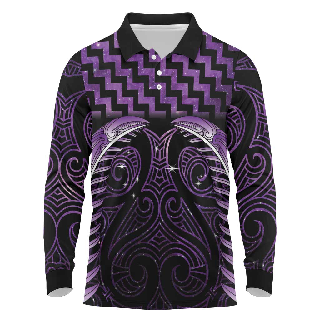Purple Matariki New Zealand Long Sleeve Polo Shirt Maori Poutama Galaxy Vibes LT14 Purple - Polynesian Pride