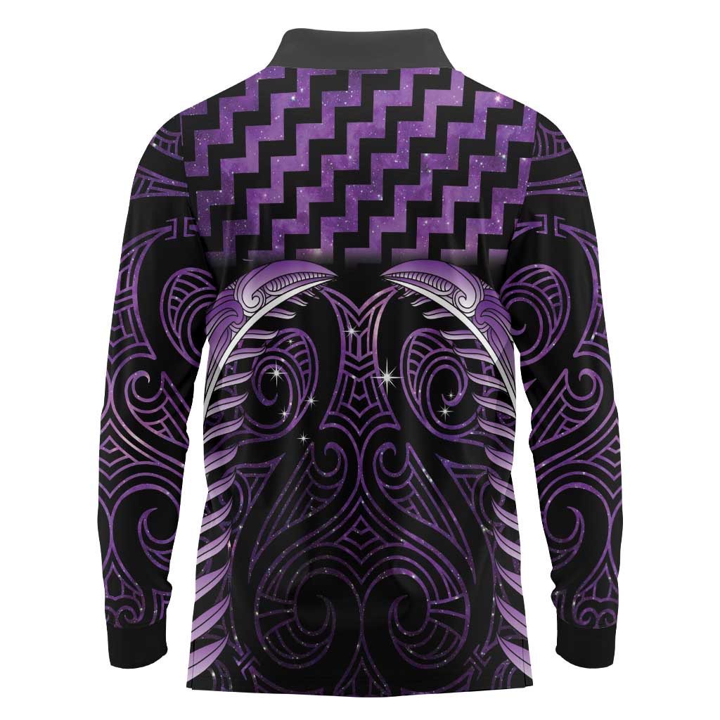 Purple Matariki New Zealand Long Sleeve Polo Shirt Maori Poutama Galaxy Vibes LT14 - Polynesian Pride