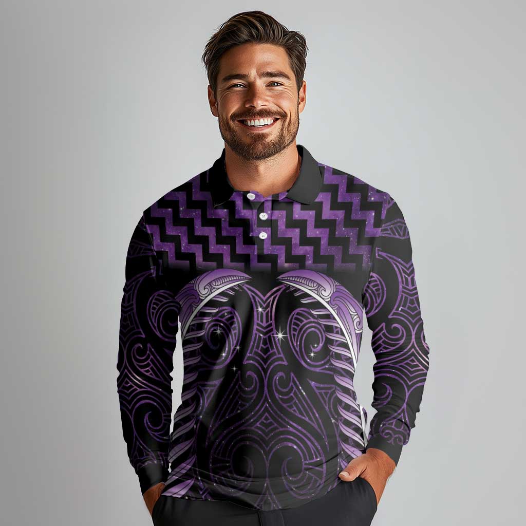Purple Matariki New Zealand Long Sleeve Polo Shirt Maori Poutama Galaxy Vibes LT14 - Polynesian Pride