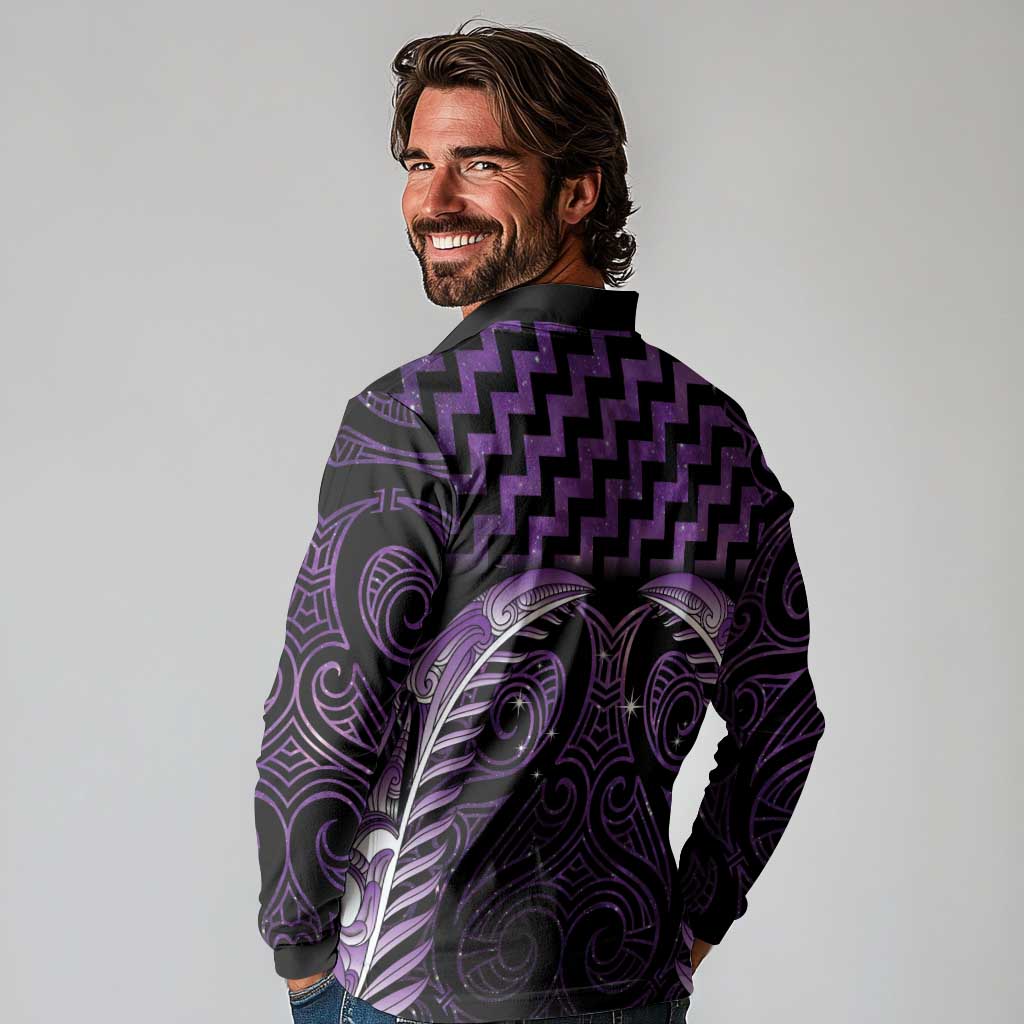 Purple Matariki New Zealand Long Sleeve Polo Shirt Maori Poutama Galaxy Vibes LT14 - Polynesian Pride